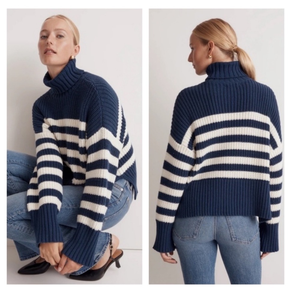 Madewell Wide Rib Turtleneck Sweater in Classic Indigo Stripe Size XS